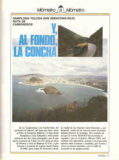 Revista Tr�fico, n� 10 (abril de 1986). Kil�metro y kil�metro: Pamplona-Tolosa-San Sebasti�n-Ir�n (N-240 y N-I). Y, al fondo, La Concha