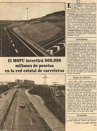 El MOPU invertir� 800.000 millones de pesetas en la red estatal de carreteras (Diario Ya, 31 de diciembre de 1985)